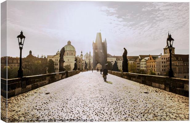 Painting of Charles bridge in Prague on sunrise Canvas Print by Maria Vonotna