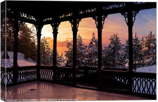 Wooden openwork gallery with sunset view Canvas Print by Maria Vonotna