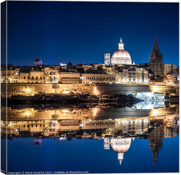 Illuminated at night harbor of Valletta old town with reflection Canvas Print by Maria Vonotna