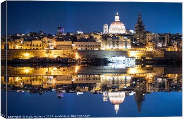 Harbor of Valletta old town at night with reflection Canvas Print by Maria Vonotna