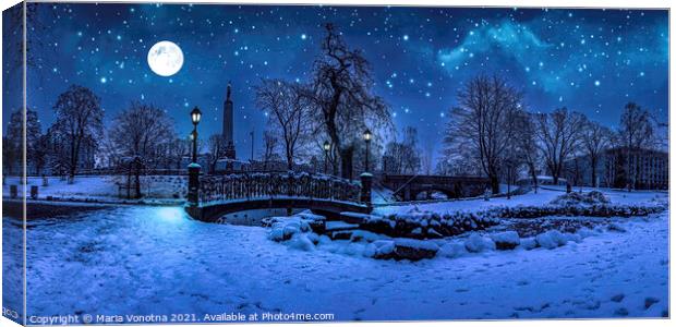 Winter night with starry sky and full moon in snow Canvas Print by Maria Vonotna