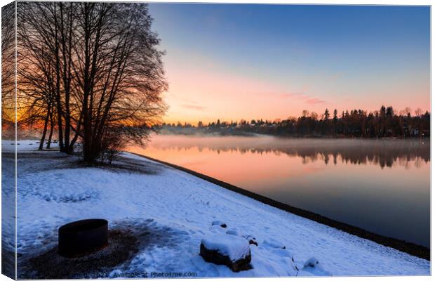 Stunning winter sunset fog hovers over river	 Canvas Print by eacmich 