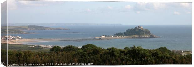 St Micheals Mount Island, panoramic. Canvas Print by Sandra Day