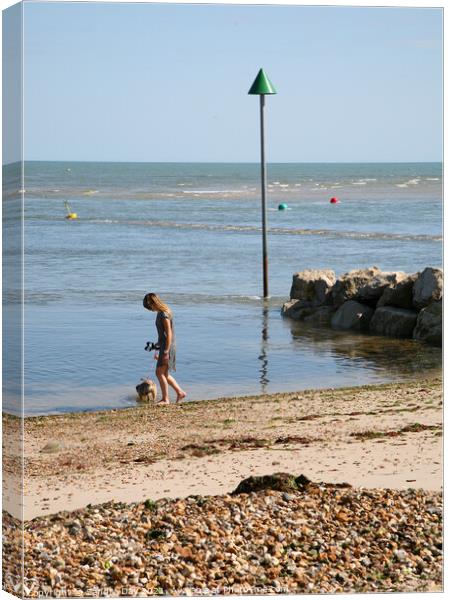 Dog and Lady paddling at Mudeford Beach Canvas Print by Sandra Day