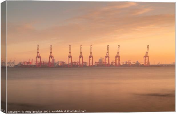 Liverpool Cranes Sunrise Canvas Print by Philip Brookes