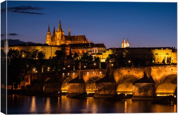Prague Cityscape at Night with Saint Vitus Cathedral and Charles Canvas Print by Dietmar Rauscher