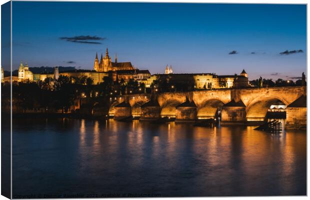 Charles Bridge in Prague at Night and  St Vitus Cathedral  Canvas Print by Dietmar Rauscher