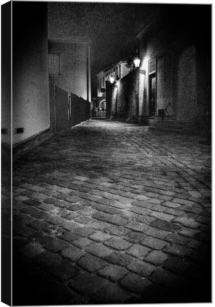 Dark, Moody Cobblestone Alley in Brno Canvas Print by Dietmar Rauscher