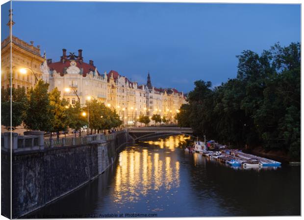 Masaryk Embankment and Slavonic Island in Prague at Night Canvas Print by Dietmar Rauscher