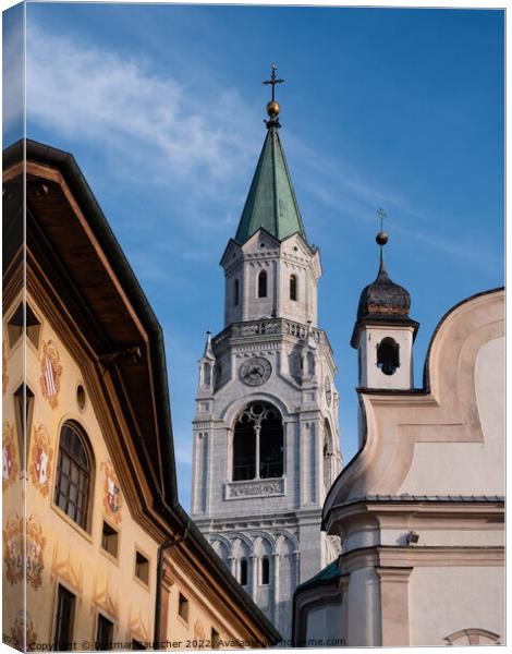 Campanile Bell Tower in Cortina d'Ampezzo Canvas Print by Dietmar Rauscher