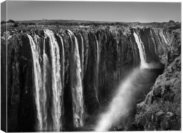 Victoria Falls and Gorge with Rainbow Black and White Canvas Print by Dietmar Rauscher