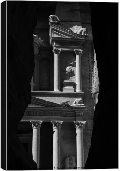 Treasury or Khazne al-Firaun Detail in Petra in Black and White Canvas Print by Dietmar Rauscher