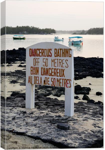 Dangerous Bathing Sign at Blue Bay, Mauritius Canvas Print by Dietmar Rauscher