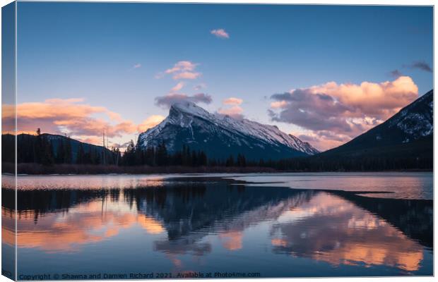 Mount Rundle reflected in Vermillion Lakes Canvas Print by Shawna and Damien Richard