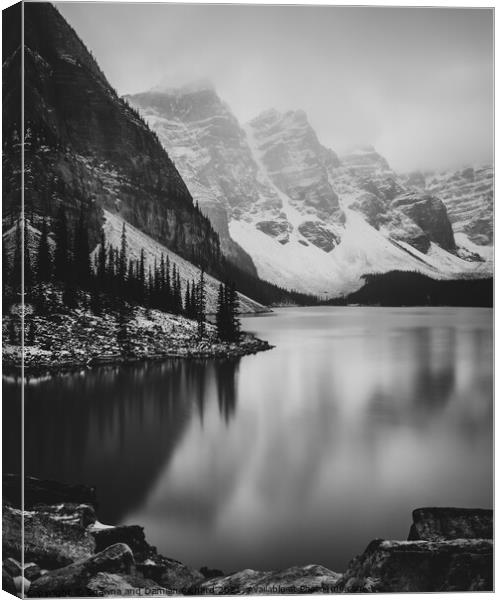 Moraine Lake Black and White Canvas Print by Shawna and Damien Richard
