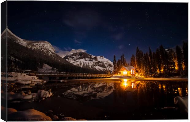 Emerald Lake Lodge at Night Canvas Print by Shawna and Damien Richard