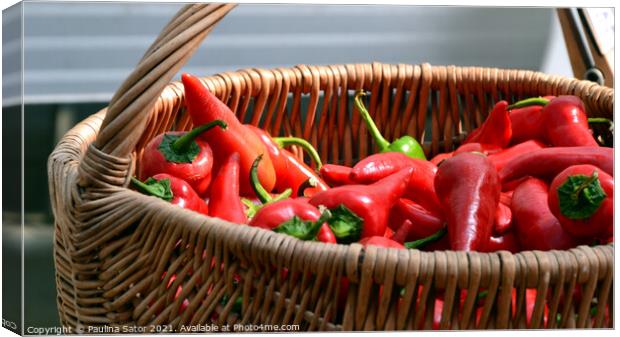 Spicy red peppers in a wicker basket Canvas Print by Paulina Sator