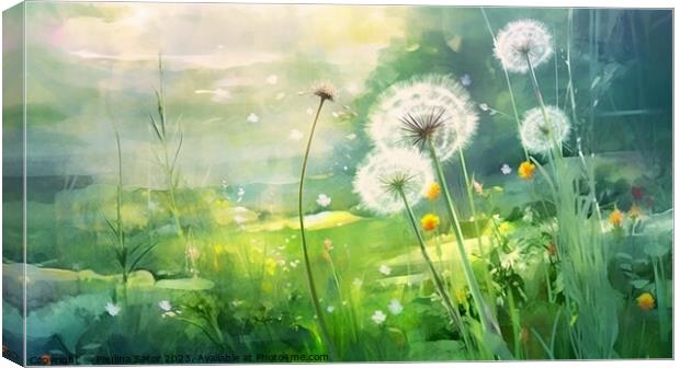 Dandelions on a green meadow Canvas Print by Paulina Sator