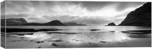 Haukland beach sand patterns Lofoten islands black and white Nor Canvas Print by Sonny Ryse
