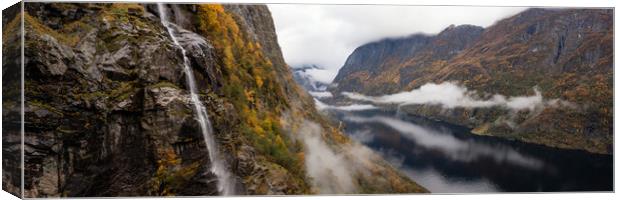 Naeroyfjord Waterfall autumn Aerial Aurland Vestland Norway Canvas Print by Sonny Ryse