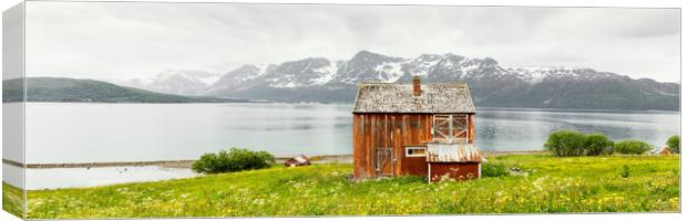 Red Norwegian Farmhouse Lyngen Alps Fjord Troms Norway Canvas Print by Sonny Ryse