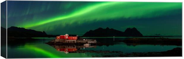 Rorbu Rorbuer Red Fishing Hut Aurora Borealis Northern Lights Lo Canvas Print by Sonny Ryse