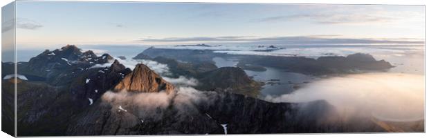 Stortinden Mountain Cloud inversion aerial flakstadoya Lofoten islands Canvas Print by Sonny Ryse