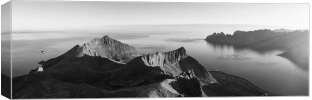 Husfjellet mountain aerial Steinfjorden Senja Island Norway black and white Canvas Print by Sonny Ryse