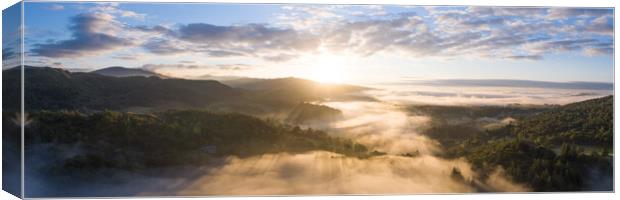 Skelwith Bridge and Loughrigg Aerial. Sunrise Lake District England 2 Canvas Print by Sonny Ryse