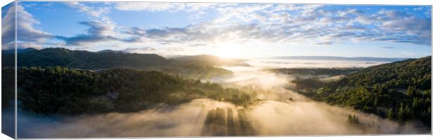 Skelwith Bridge and Loughrigg Aerial. Sunrise Lake District England 3 Canvas Print by Sonny Ryse