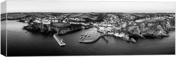 Mevagissey fishing village harbour aerial cornwall coast england black and white panorama Canvas Print by Sonny Ryse