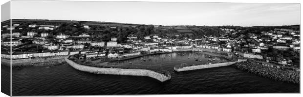 Mousehole Fishing Village Harbour Aerial black and white 2 Canvas Print by Sonny Ryse
