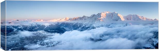 Mont Blanc Massif and Chamonix Valley at sunset in Winter French Alps Canvas Print by Sonny Ryse