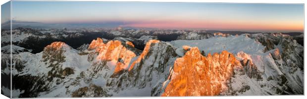 Belvedere Segantini Punta Rolle Aerial Passo Rolle at sunset in Winter Dolomites Italy Canvas Print by Sonny Ryse