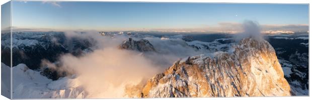 Sassolungo Mountains in the clouds Sella pass Italian Dolomites Canvas Print by Sonny Ryse