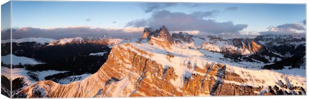 Seceda Alm Ridgeline aerial at sunset in Winter Dolomites Italy Canvas Print by Sonny Ryse