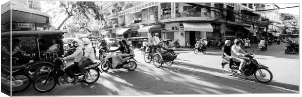 Siem Reap cambodia street motorbikes b&W 7 Canvas Print by Sonny Ryse