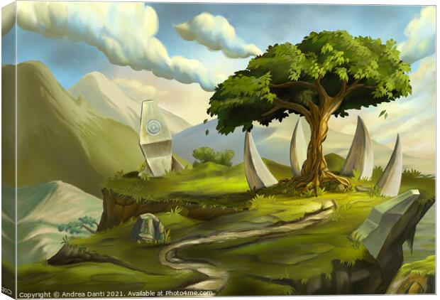 Sacred tree in a fantasy landscape Canvas Print by Andrea Danti