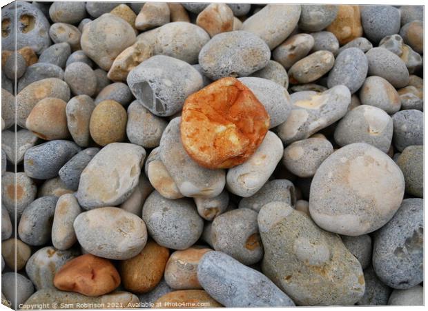 Orange Pebble on the beach Canvas Print by Sam Robinson