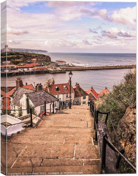 199 Whitby Steps, North Yorkshire Canvas Print by June Ross