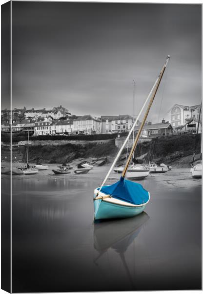 Boat at low tide in New Quay, Wales Canvas Print by Alan Le Bon