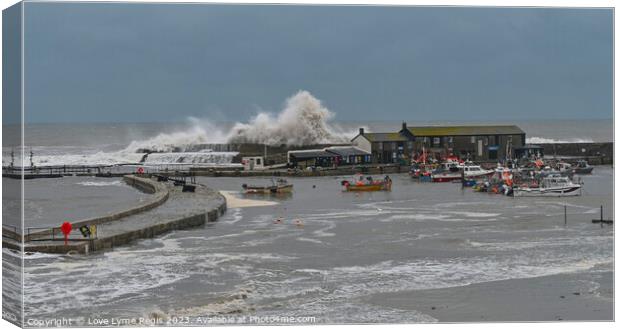 Waves crashing into the Cobb at Lyme Regis Dorset UK Canvas Print by Love Lyme Regis