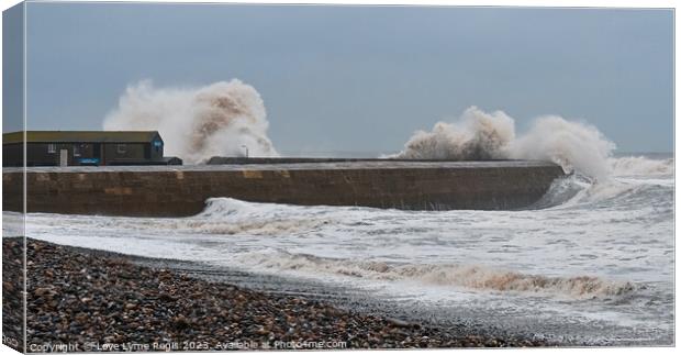 Huge waves crashing against the Cobb Storm Ciaran Lyme Regis Canvas Print by Love Lyme Regis