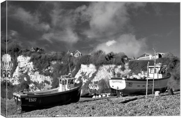 Black and white fishing boats at Beer in Devon Canvas Print by Les Schofield