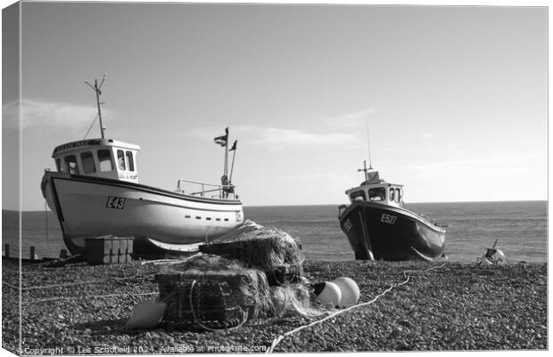 Black and White Boats at Beer in Devon Canvas Print by Les Schofield