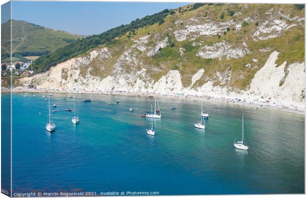 Sailboats in Lulworth Cove Dorset England United Kingdom UK Canvas Print by Marcin Rogozinski