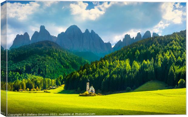 San Giovanni in Ranui chapel, Dolomites Alps Canvas Print by Stefano Orazzini