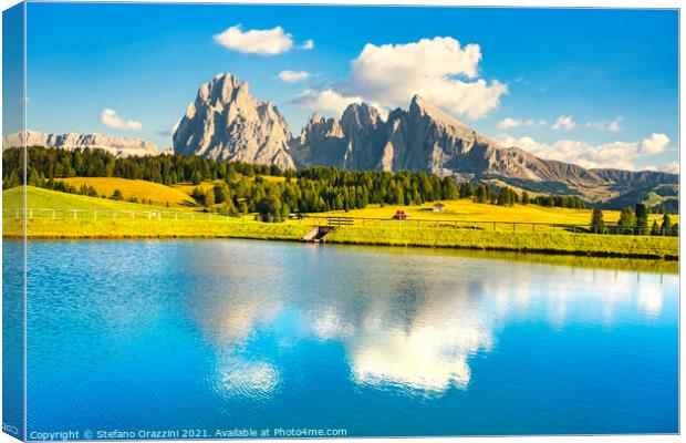 Lake and mountains, Alpe di Siusi, Dolomites Canvas Print by Stefano Orazzini
