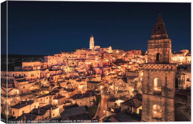 Matera ancient town i Sassi night view, Italy Canvas Print by Stefano Orazzini
