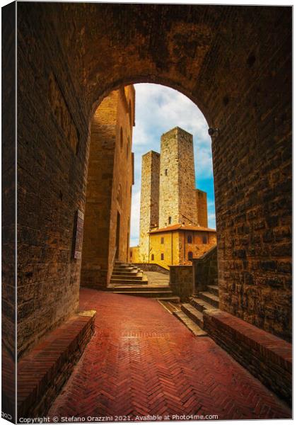 San Gimignano towers from a tunnel, Tuscany Canvas Print by Stefano Orazzini